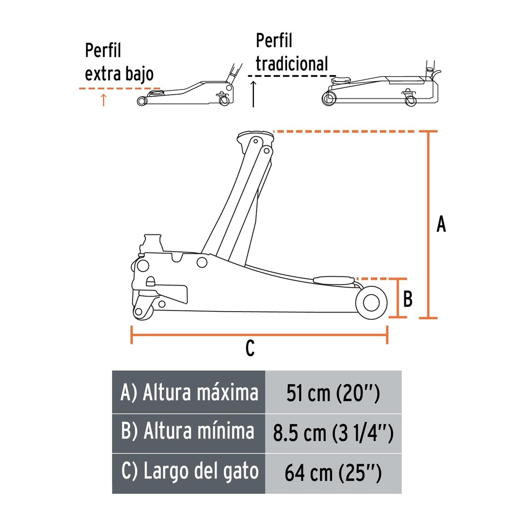 Gato hidráulico profesional de patín, 3 ton, elevación rápid