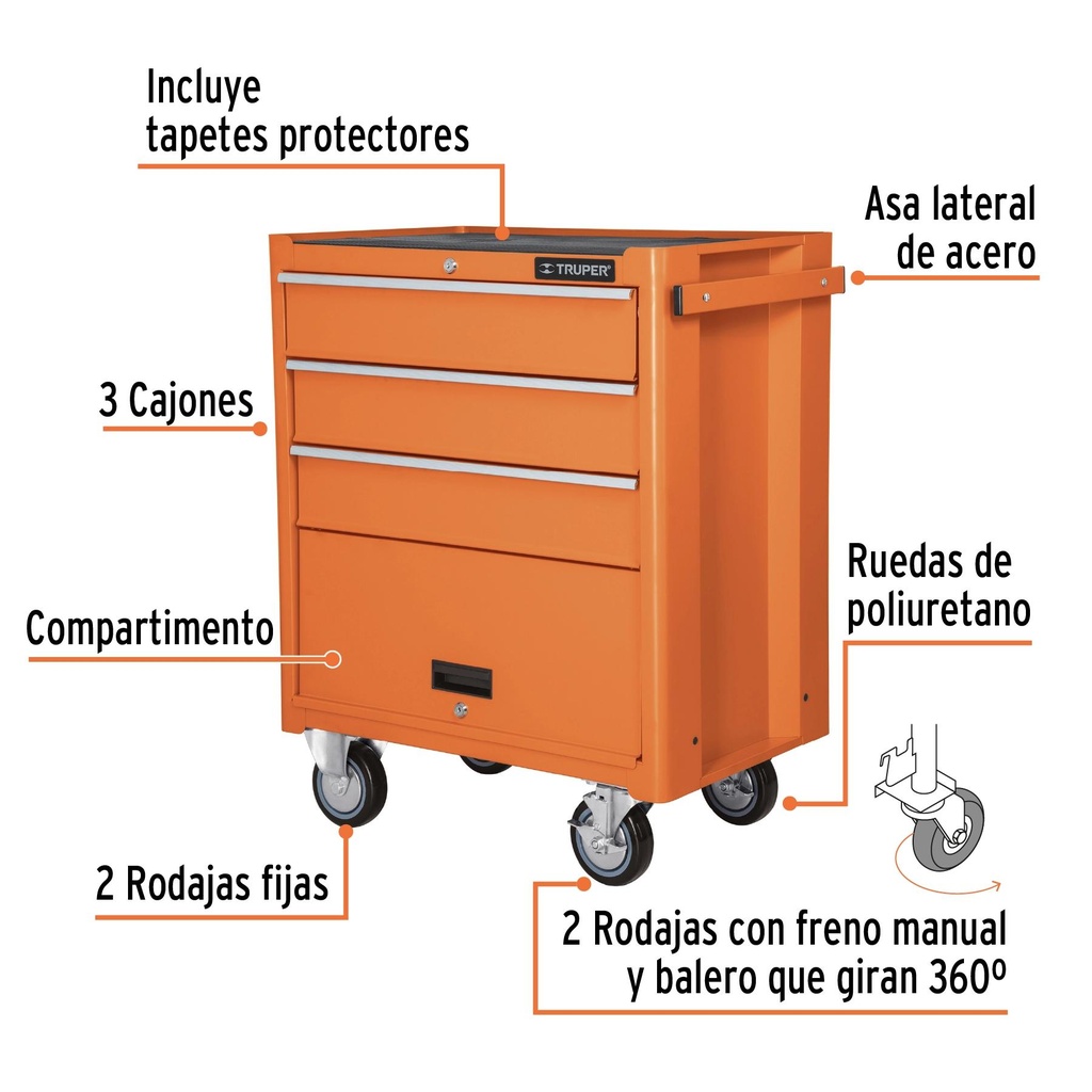 Gabinete metálico móvil, 4 cajones, capacidad 90 kg, Truper