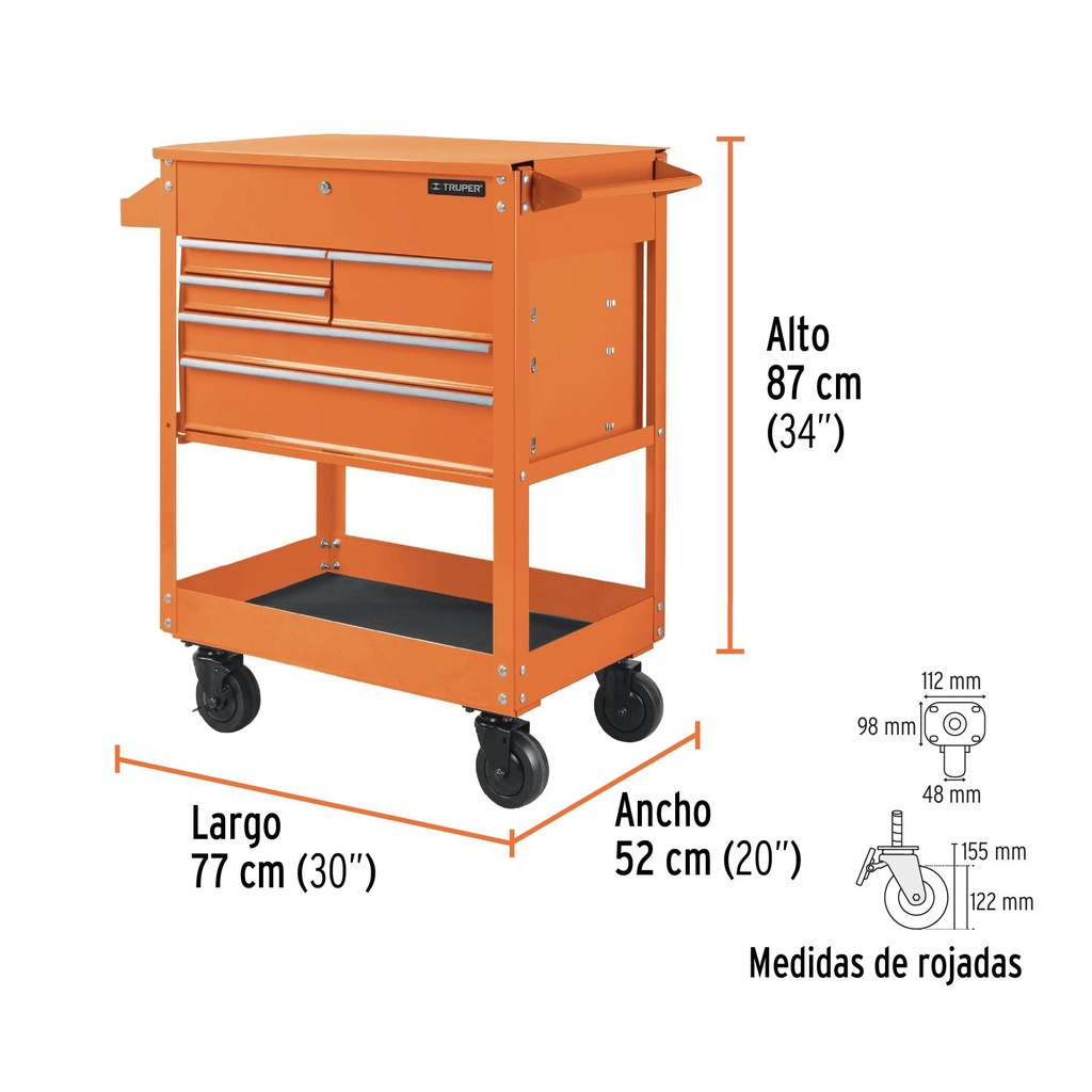 Gabinete metálico móvil, 5 cajones, capacidad 320 kg, Truper