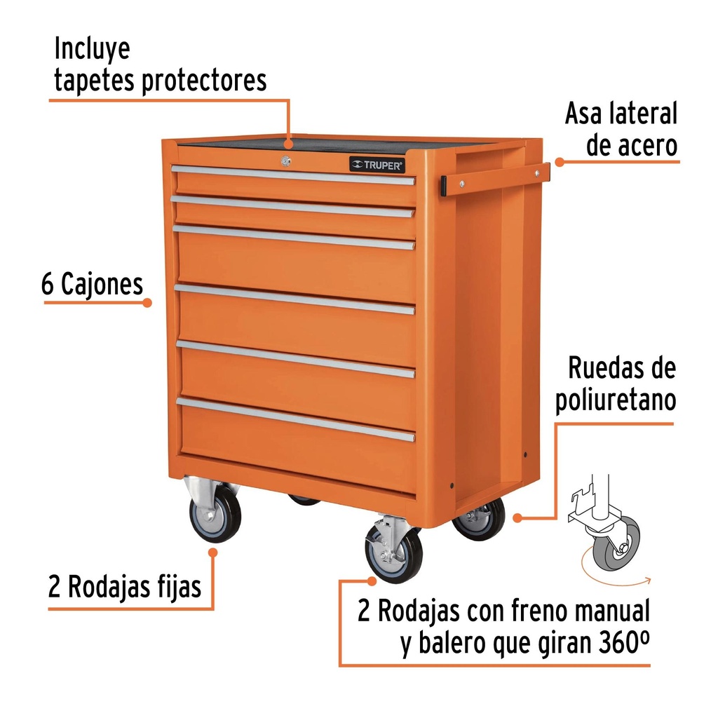 Gabinete metálico móvil, 6 cajones, capacidad 130 kg, Truper