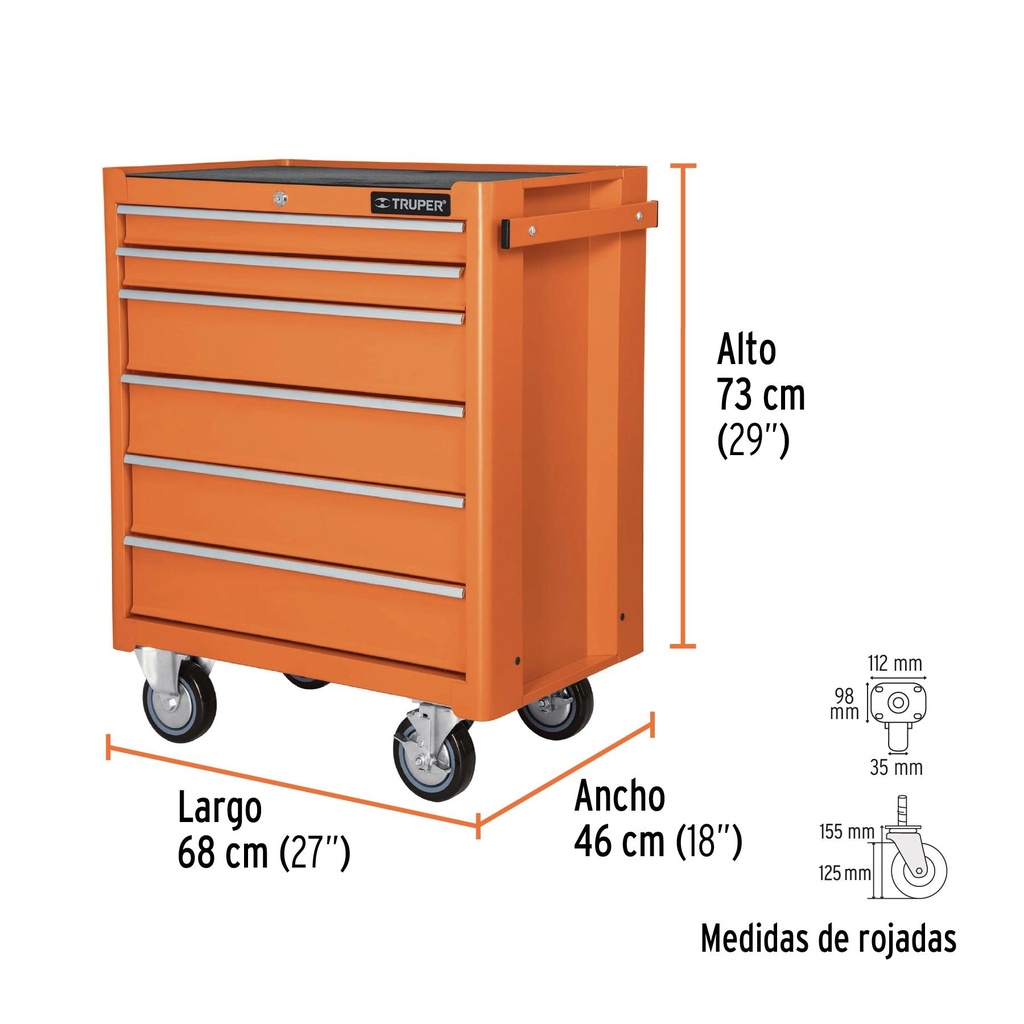 Gabinete metálico móvil, 6 cajones, capacidad 130 kg, Truper