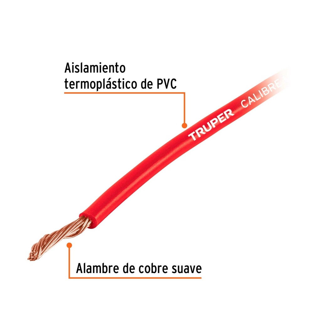 Carrete con 6 m de cable primario rojo calibre 14, Truper