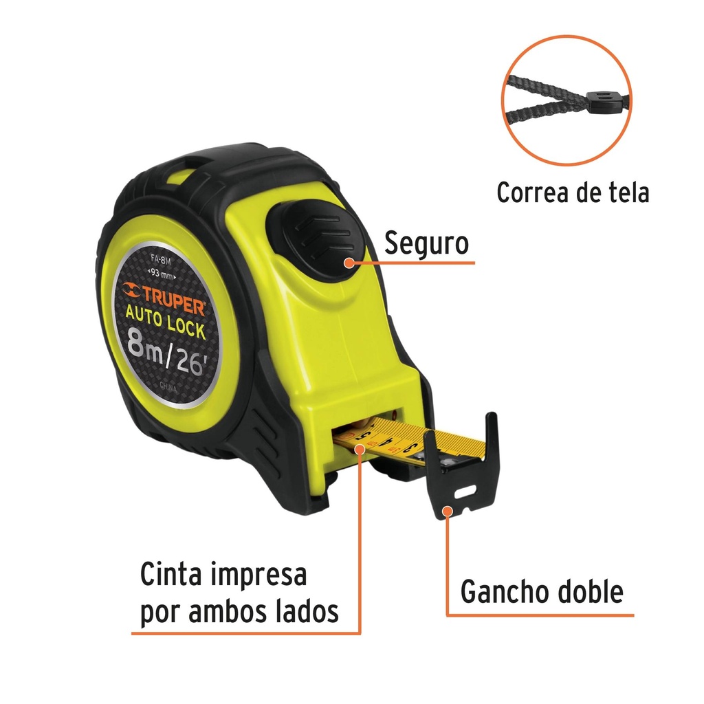 Flexómetro Auto-Lock contra impactos 8 m cinta 25 mm, Truper