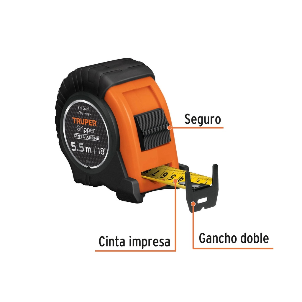 Flexómetro Gripper contra impactos 5.5 m cinta 25 mm, Truper