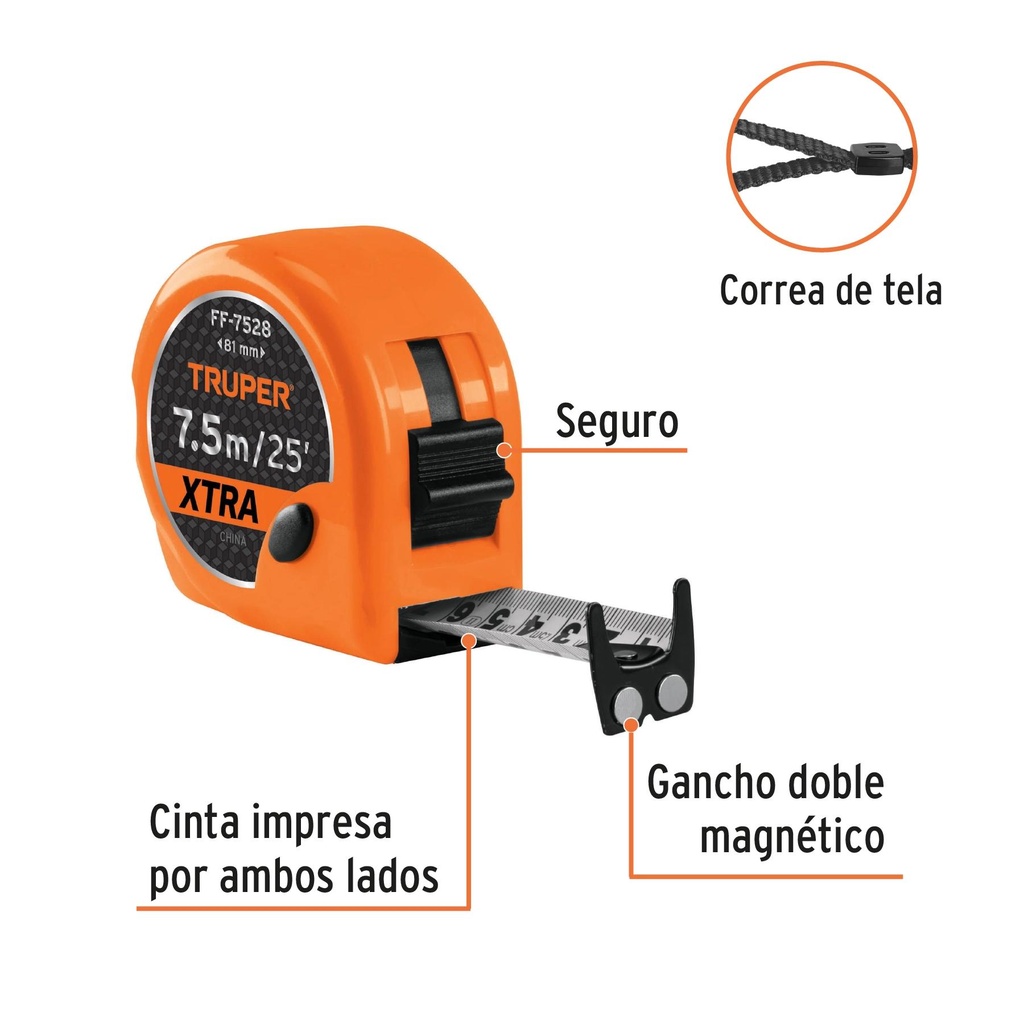 Flexómetro XTRA 7.5 m cinta extra ancha 28 mm, Truper