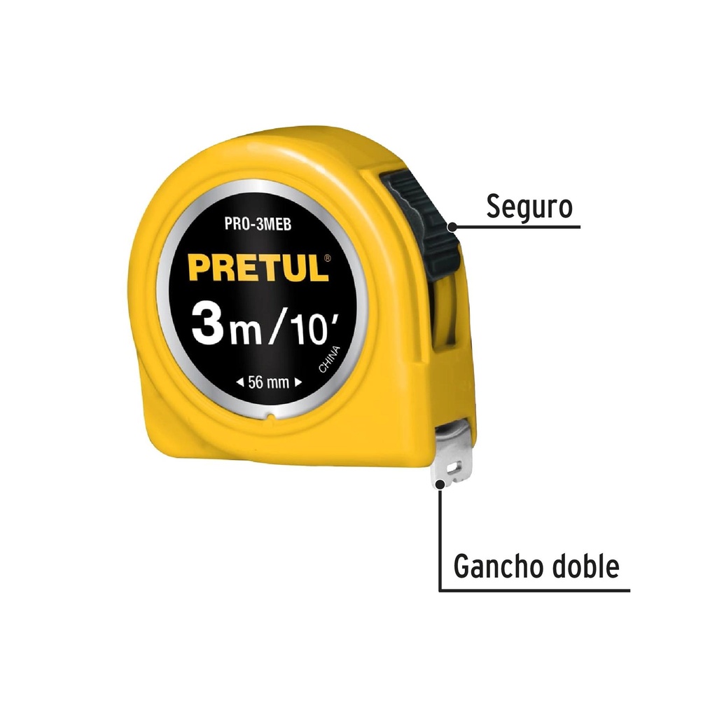 Flexómetro amarillo 3 m cinta 13 mm, en tarjeta, Pretul