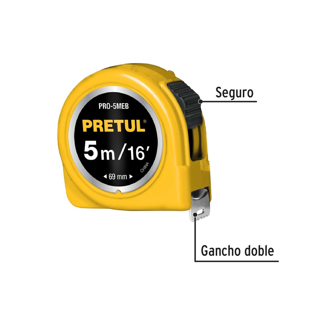 Flexómetro amarillo 5 m cinta 19 mm, en tarjeta, Pretul