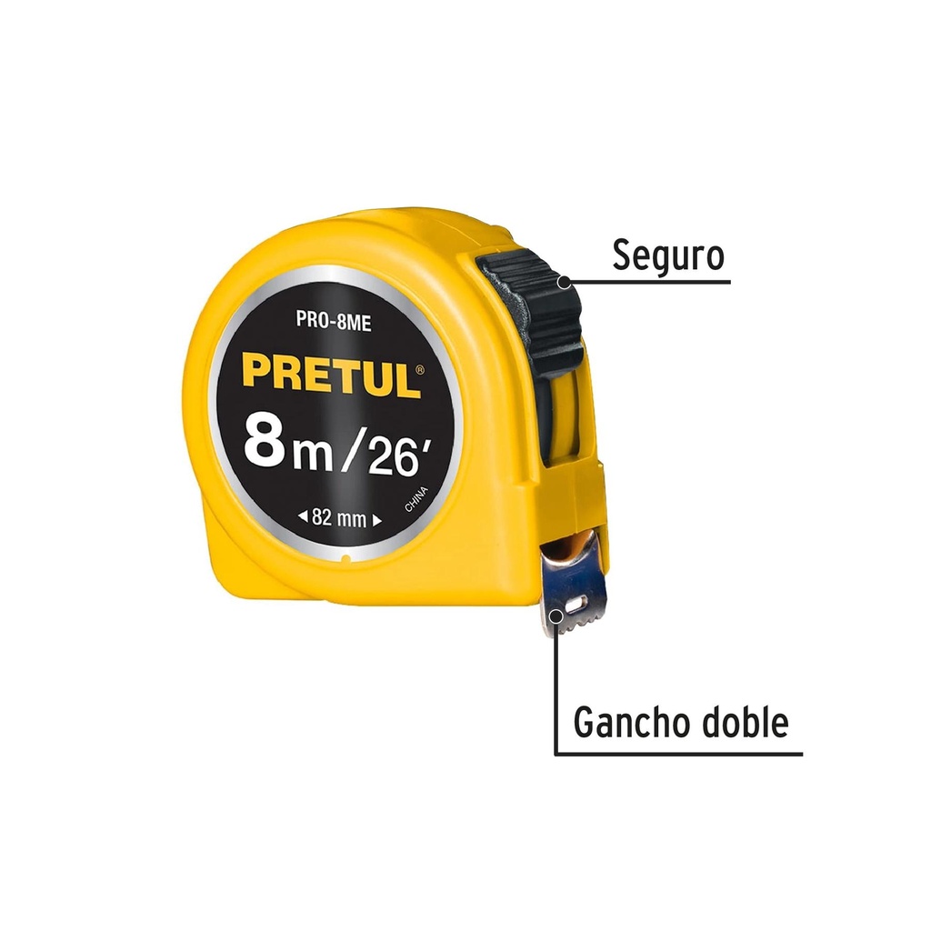 Flexómetro amarillo 8 m cinta 25 mm, en tarjeta, Pretul