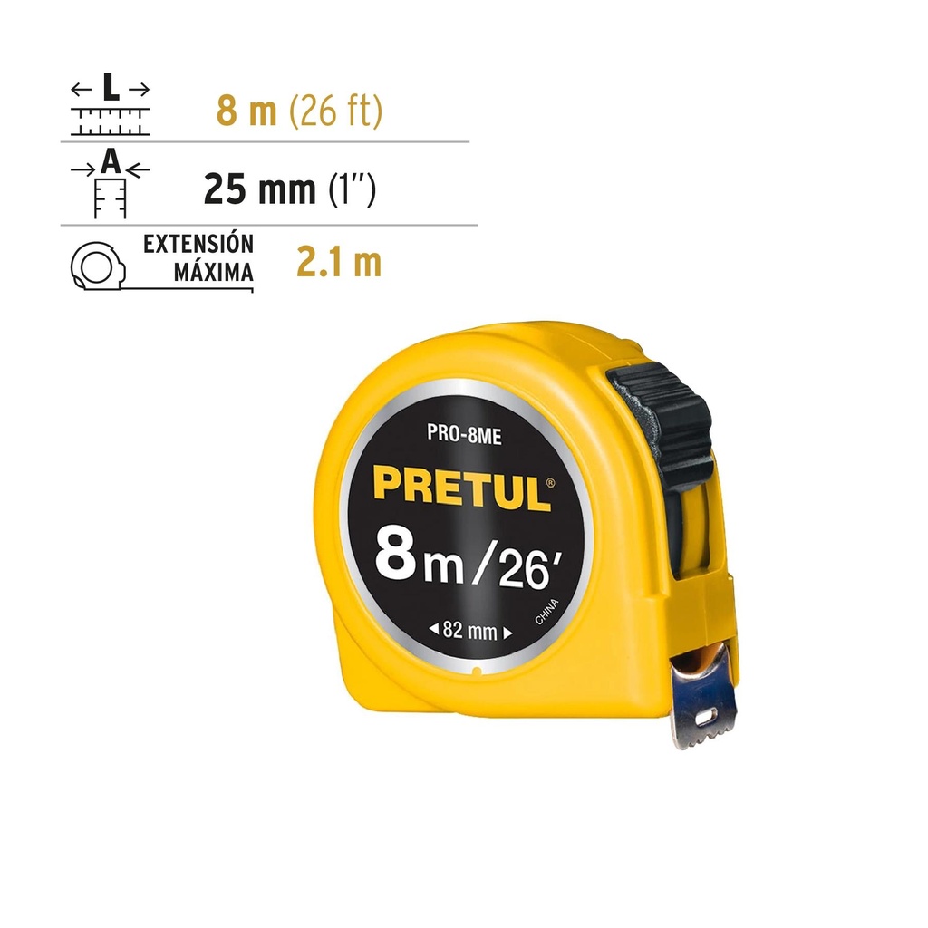 Flexómetro amarillo 8 m cinta 25 mm, en tarjeta, Pretul