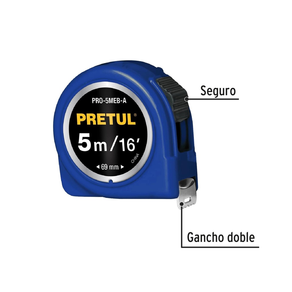 Flexómetro azul 5 m cinta 19 mm, en tarjeta, Pretul