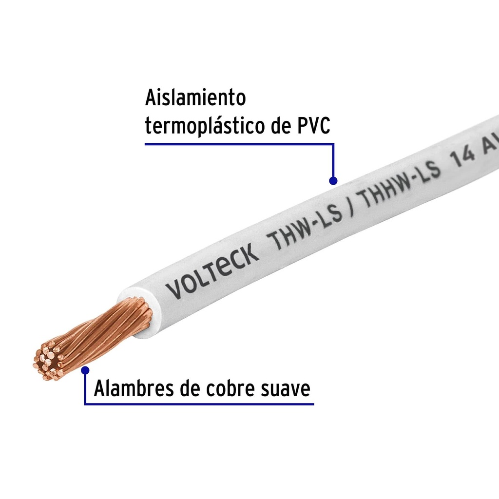 Carrete con 25 m de cable THHW-LS 14 AWG blanco, Volteck