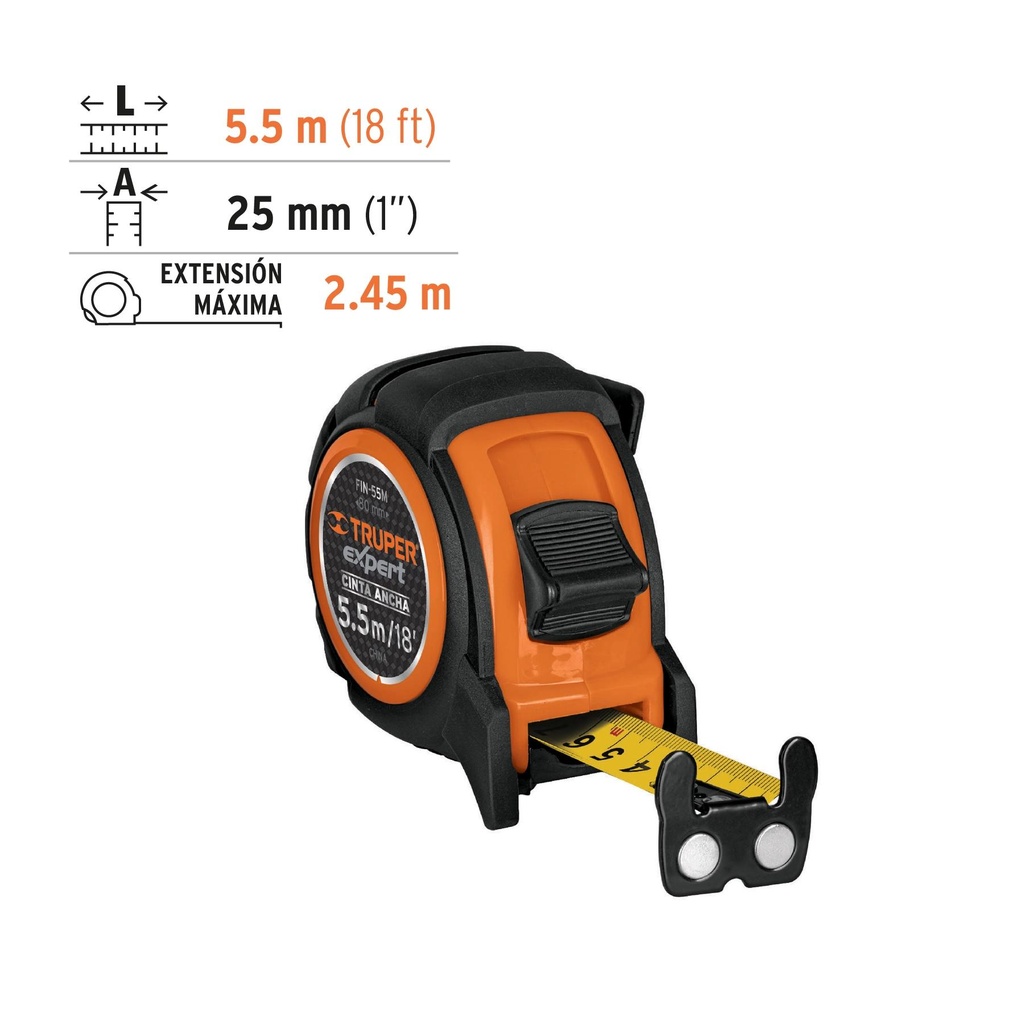 Flexómetro industrial contra impactos 5.5 m cinta 25 mm