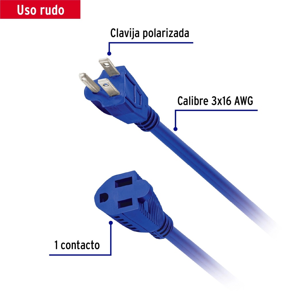 Extensión de uso rudo aterrizada 15 m 3x16 AWG, Volteck