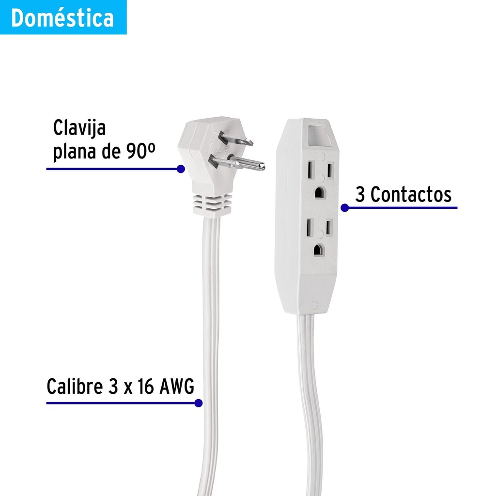 Extensión doméstica aterrizada 2 m blanca con clavija plana