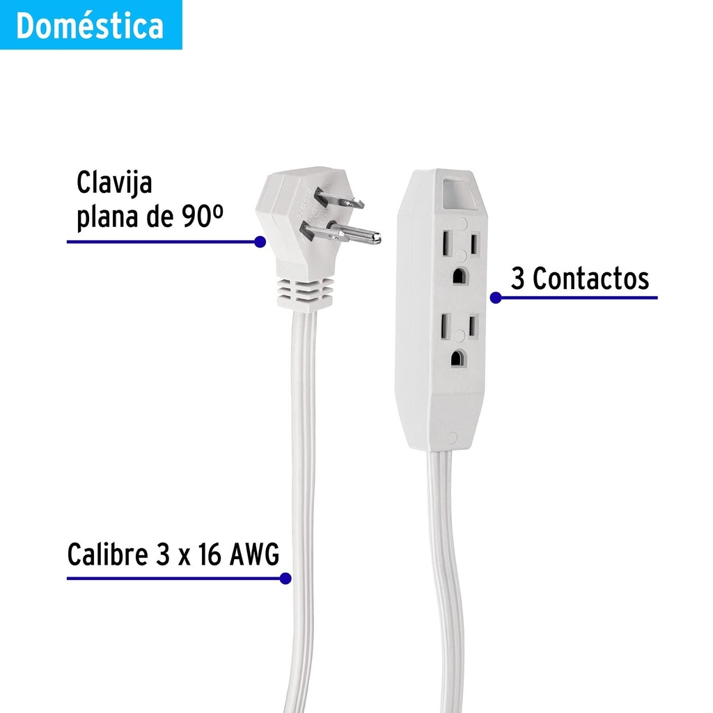 Extensión doméstica aterrizada 3 m blanca con clavija plana