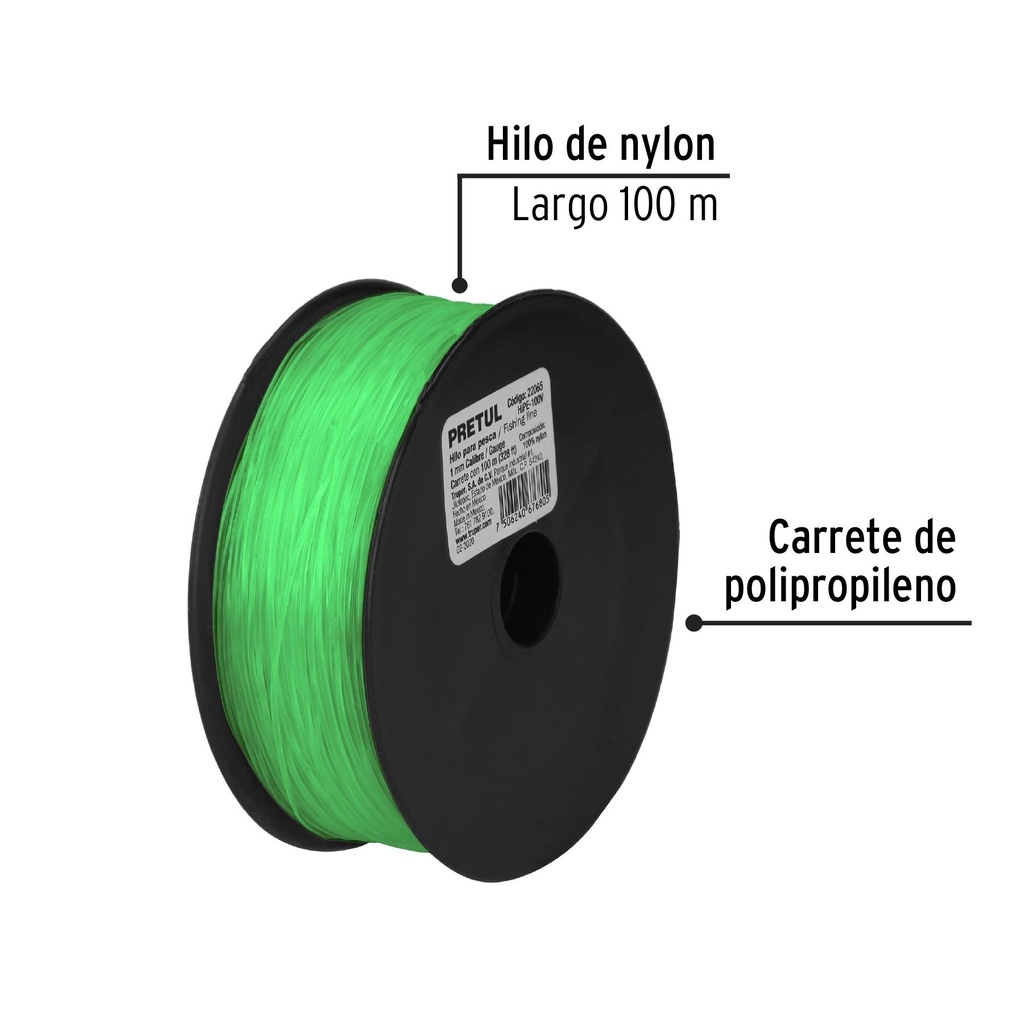 Carrete con 100 m de hilo para pesca verde calibre 1.00 mm