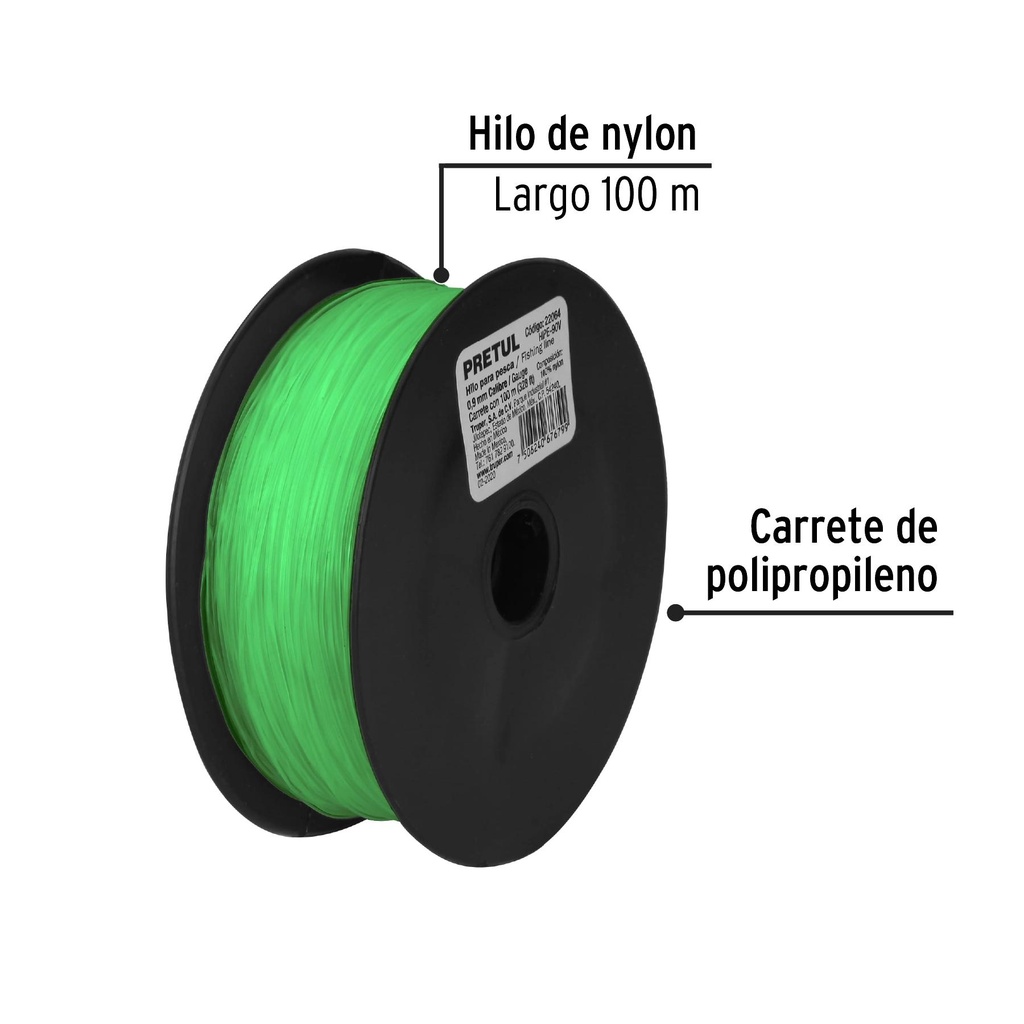 Carrete con 100 m de hilo para pesca verde calibre 0.90 mm