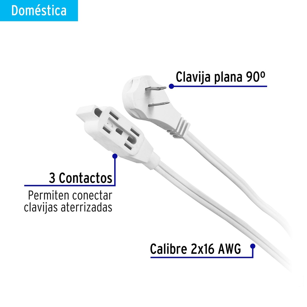 Extensión eléctrica doméstica 10 m blanca con clavija plana