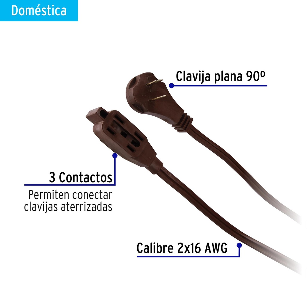 Extensión eléctrica doméstica 10 m café con clavija plana