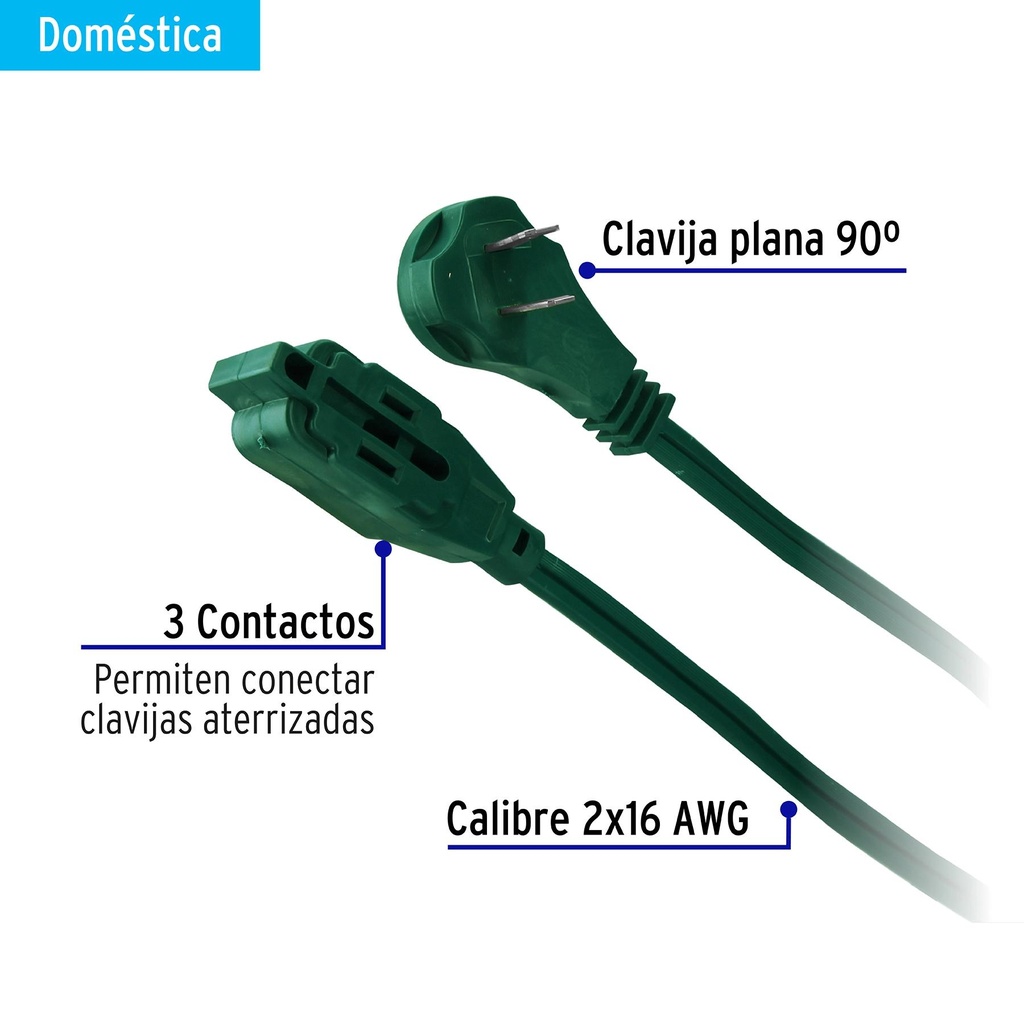 Extensión eléctrica doméstica 10 m verde con clavija plana