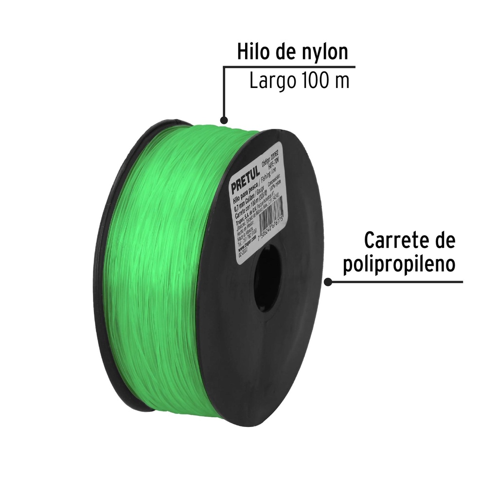 Carrete con 100 m de hilo para pesca verde calibre 0.70 mm