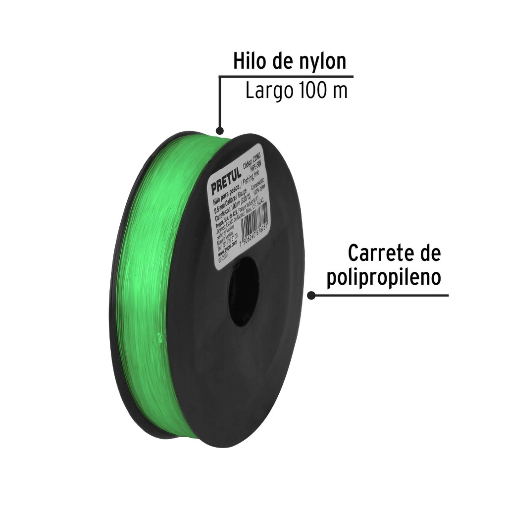 Carrete con 100 m de hilo para pesca verde calibre 0.50 mm