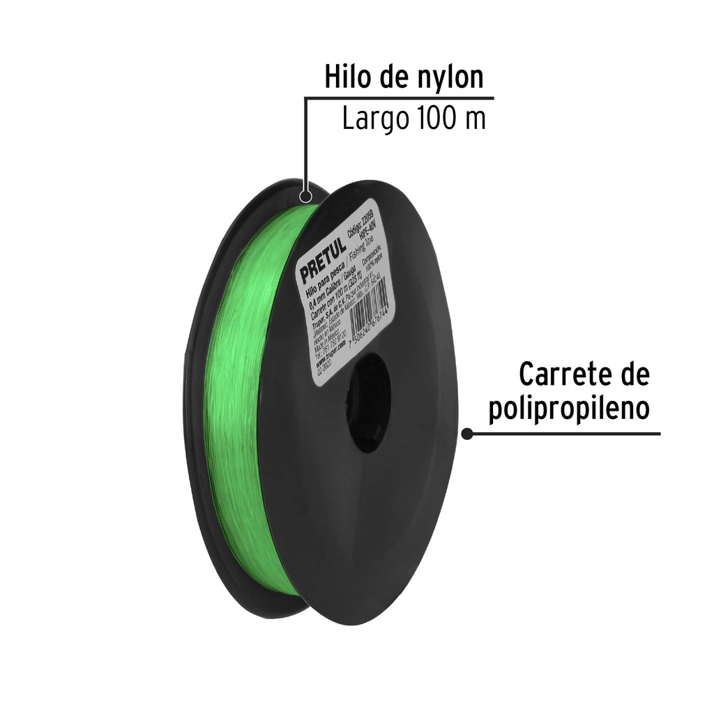 Carrete con 100 m de hilo para pesca verde calibre 0.40 mm