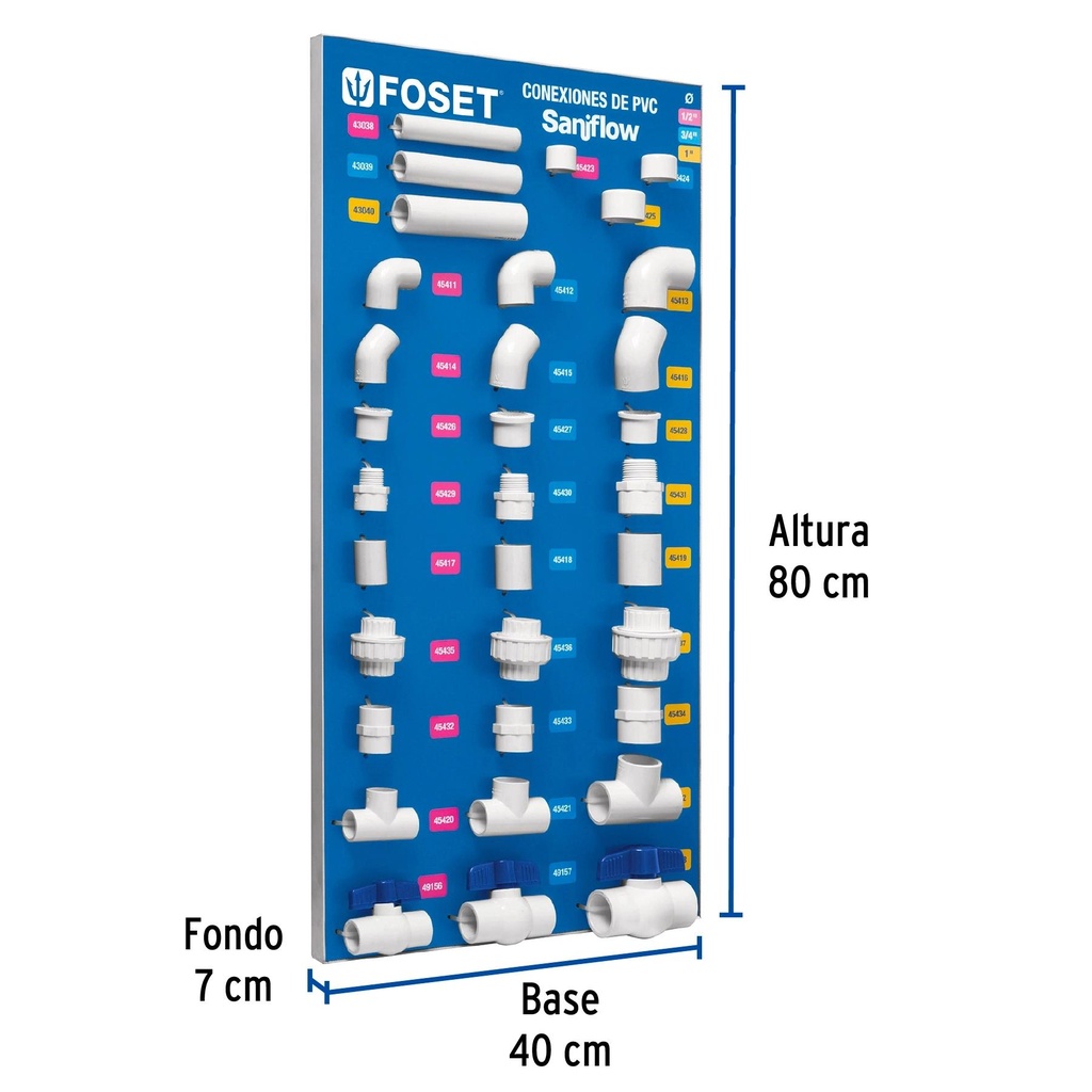 Exhibidor de conexiones de PVC hidráulico, cédula 40