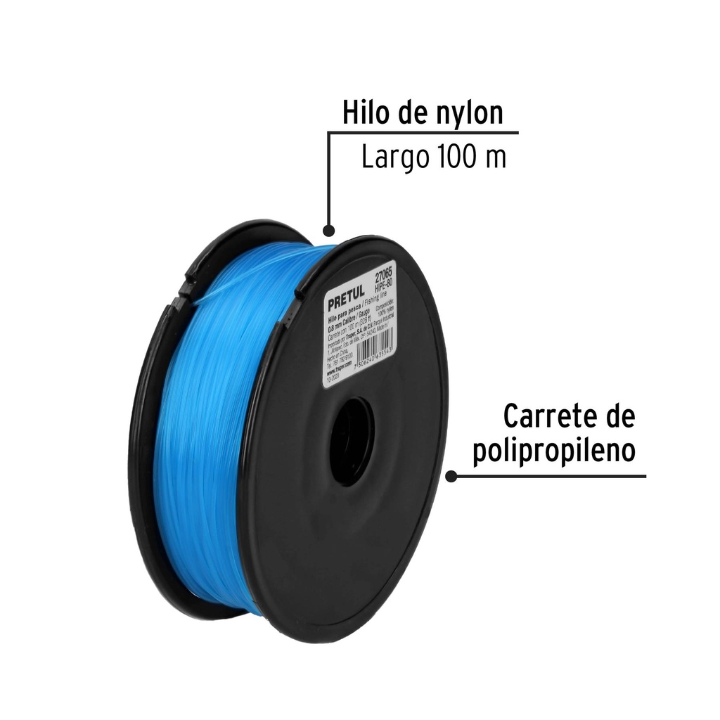 Carrete con 100 m de hilo para pesca azul calibre 0.80 mm