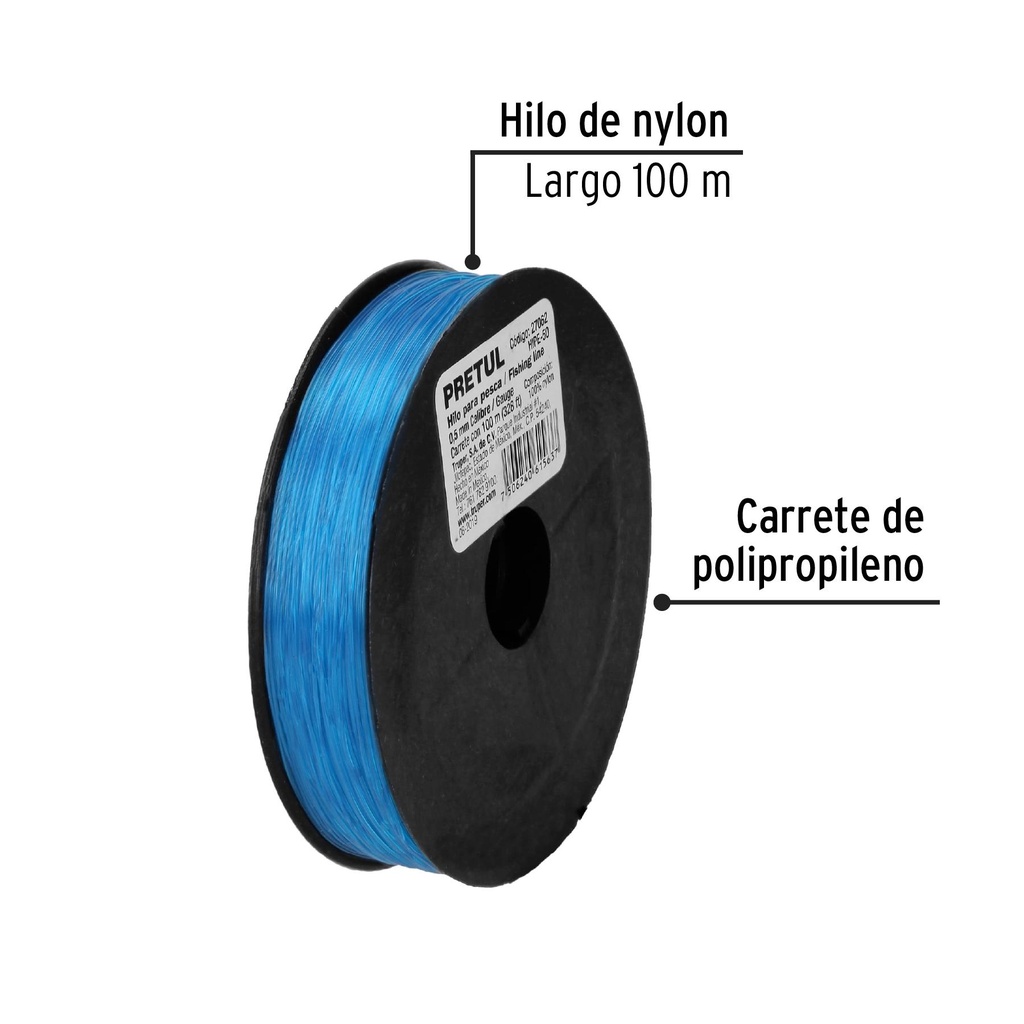 Carrete con 100 m de hilo para pesca azul calibre 0.50 mm