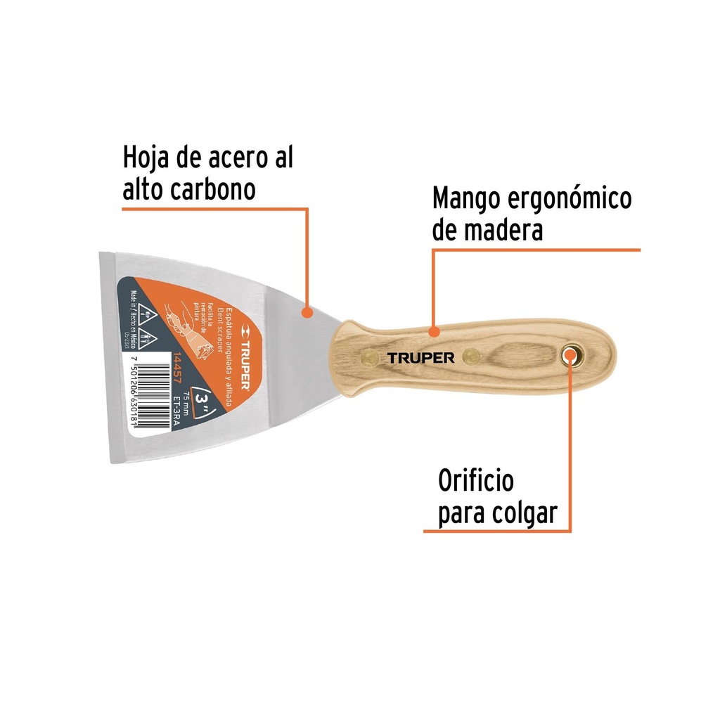 Espátula afilada y angulada 3' con mango de madera, Truper