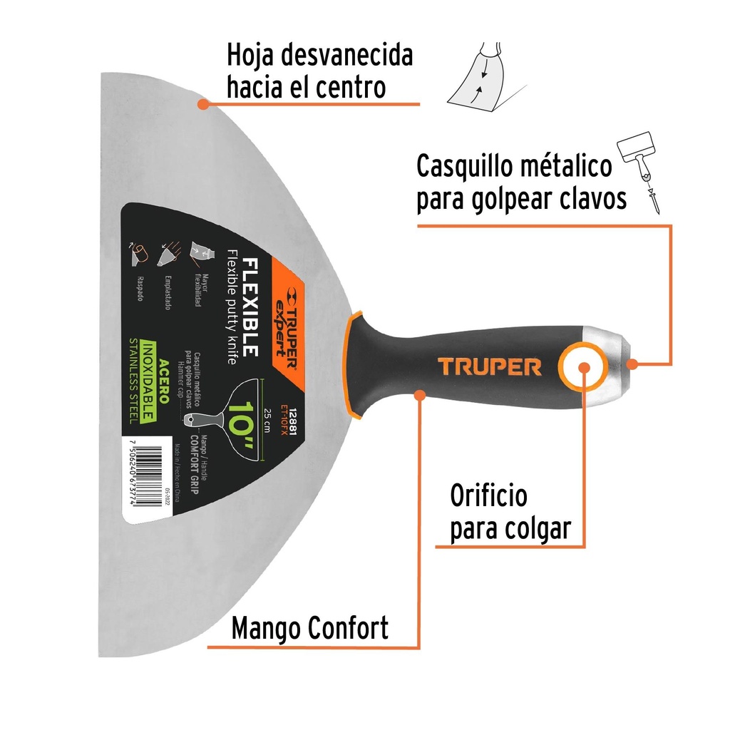 Espátula flexible 10' acero inox. mango Comfort Grip, Expert