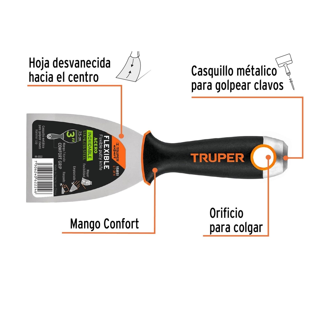 Espátula flexible 3' acero inox. mango Comfort Grip, Expert