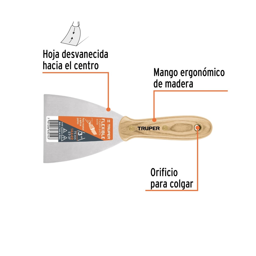 Espátula flexible 3' con mango de madera, Truper