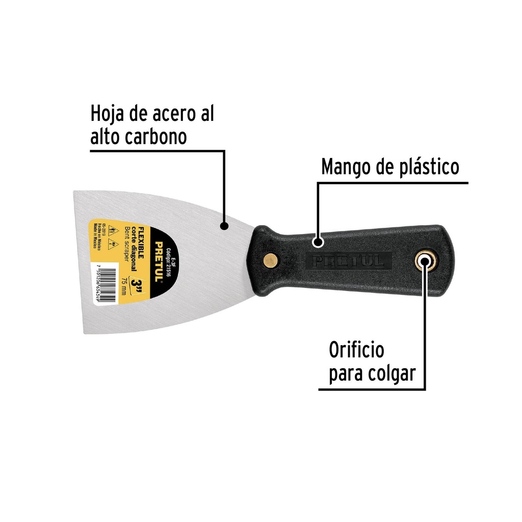 Espátula flexible 3' con mango de plástico, Pretul