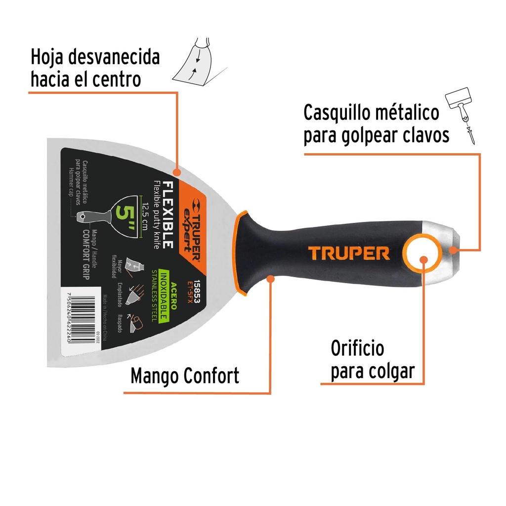 Espátula flexible 5' acero inox. mango Comfort Grip, Expert