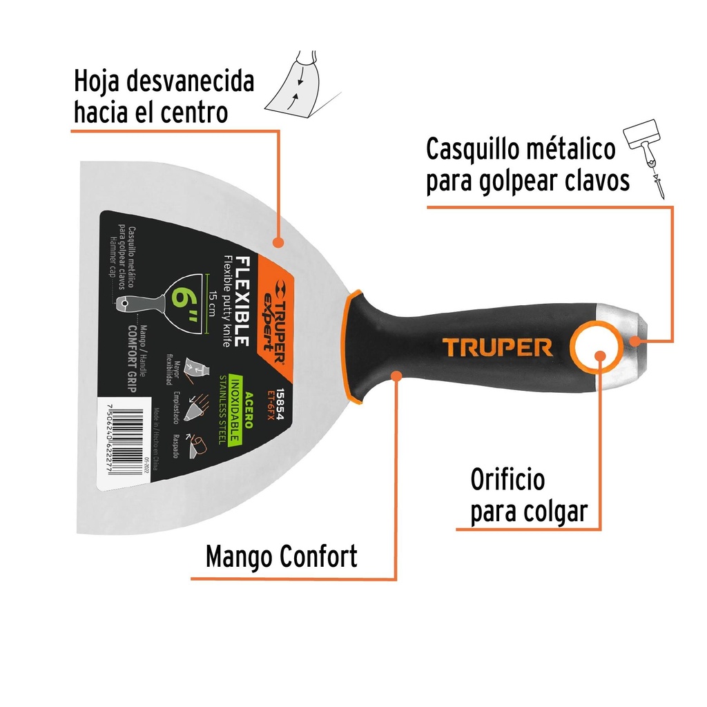 Espátula flexible 6' acero inox. mango Comfort Grip, Expert