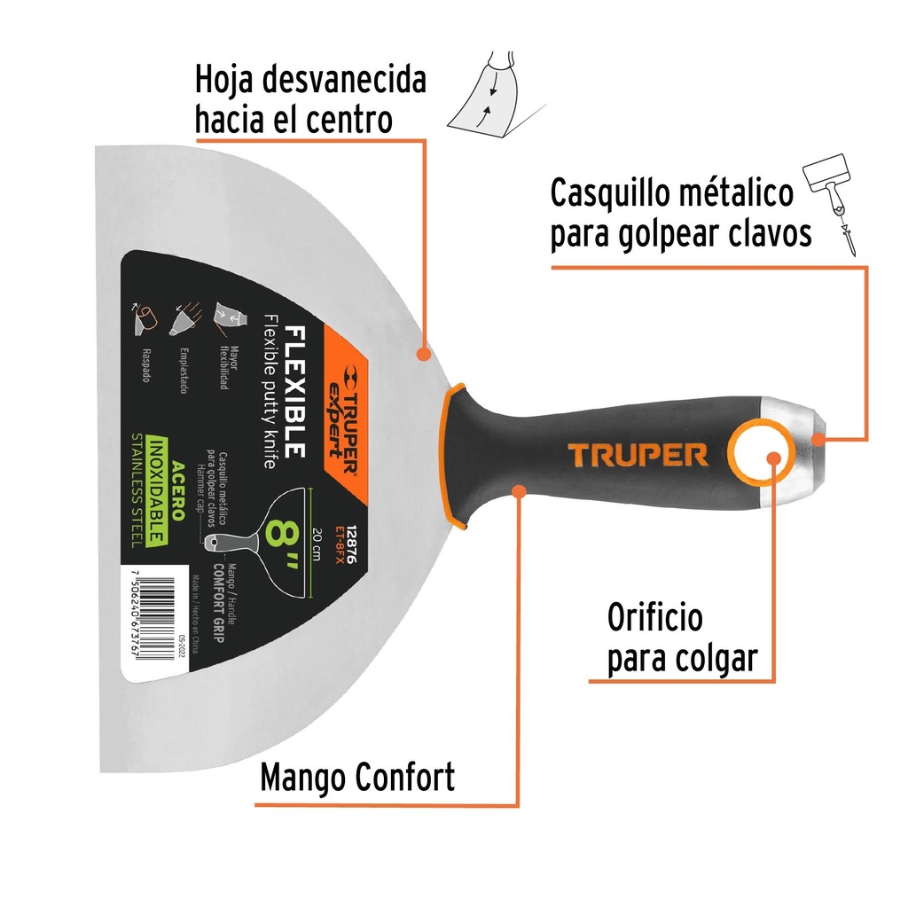 Espátula flexible 8' acero inox. mango Comfort Grip, Expert