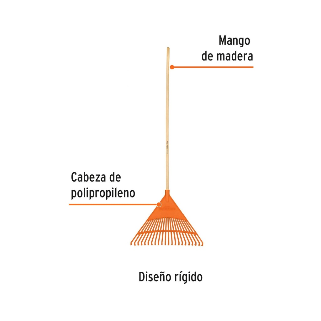 Escoba plástica para jardín, rígida, 22 dientes, mango 48'