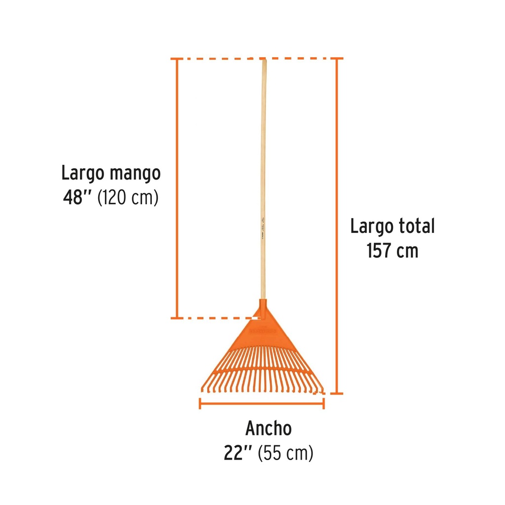 Escoba plástica para jardín, rígida, 22 dientes, mango 48'