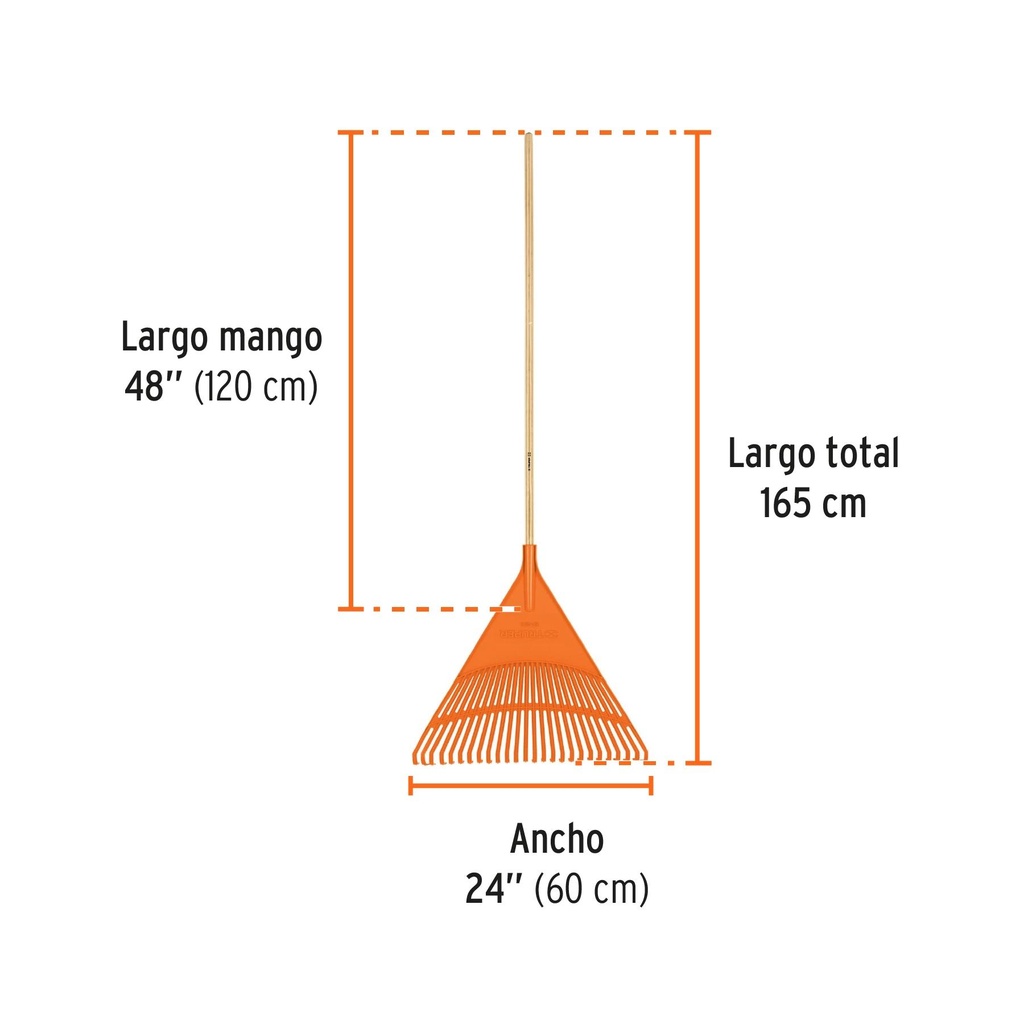 Escoba plástica para jardín, rígida, 26 dientes, mango 48'