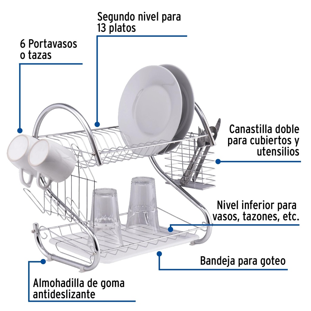 Escurridor de acero cromado con 2 niveles para trastes