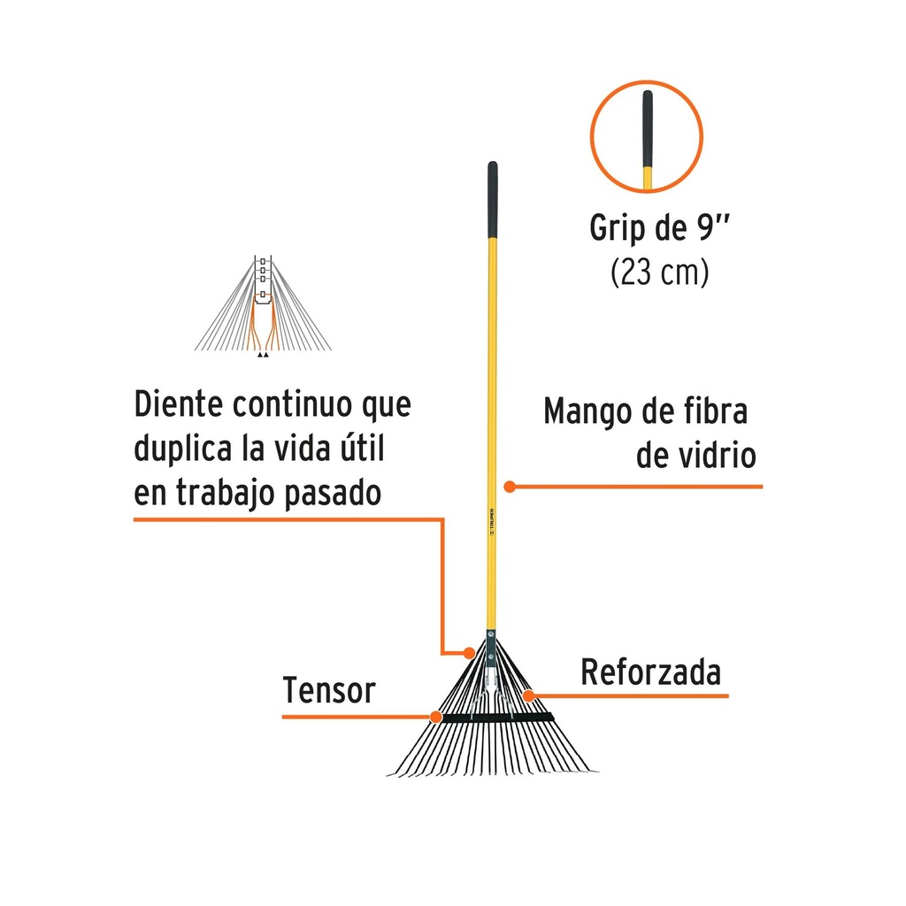 Escoba metálica p/ jardín cabeza recta 24 dientes, reforzada