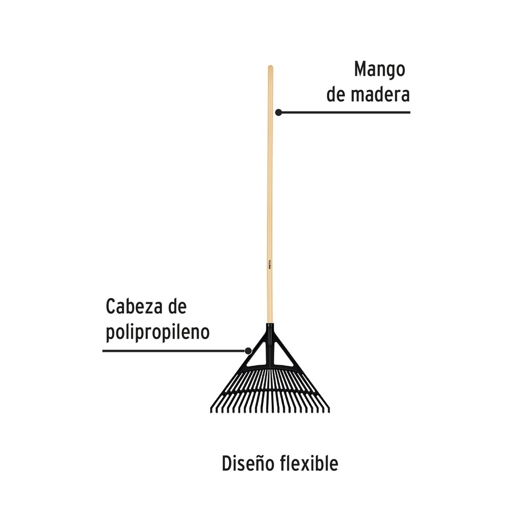 Escoba plástica p/jardín, flex. 22 dientes, mango 48',Pretul