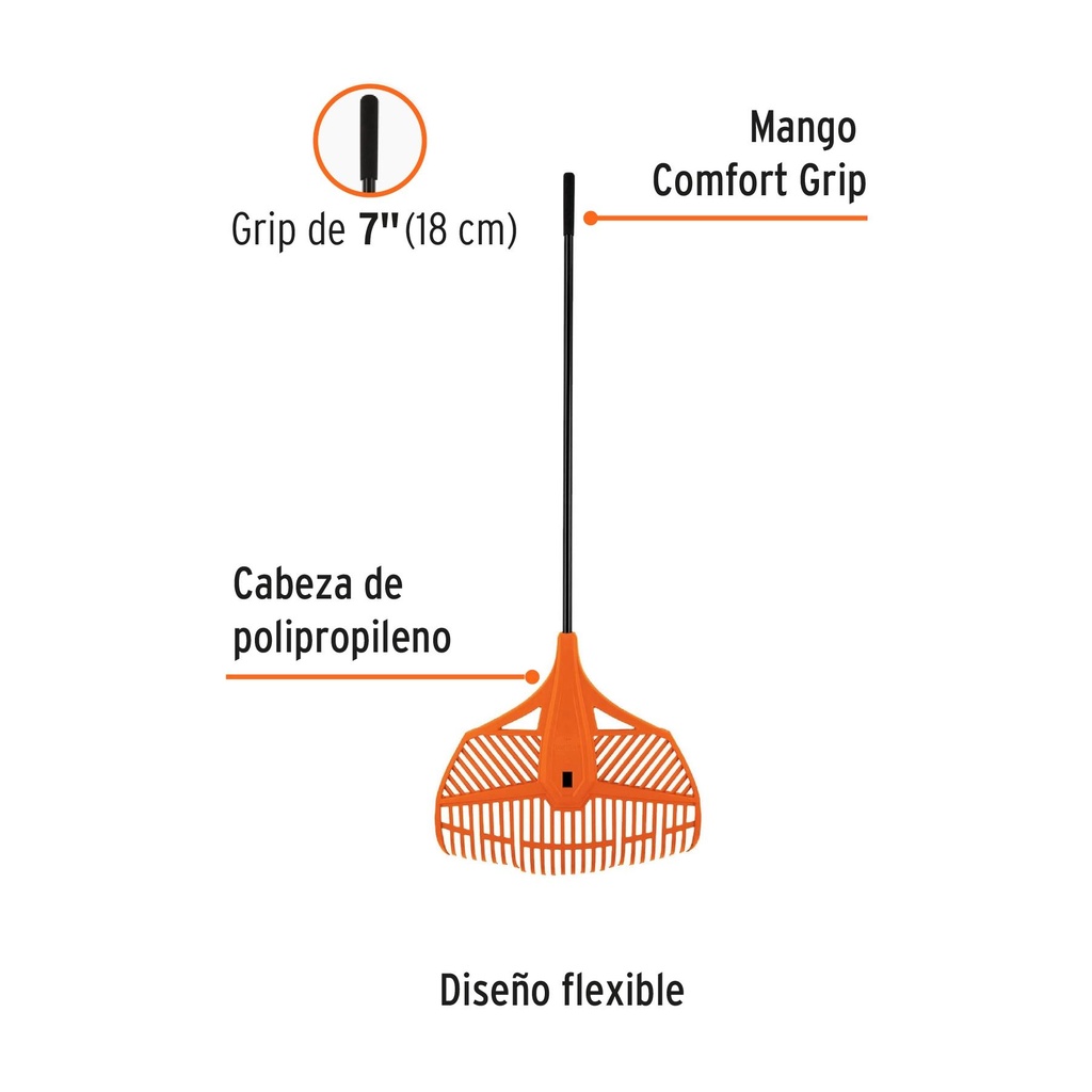 Escoba plástica p/jardín, flex. 26 dientes, mango acero 54'