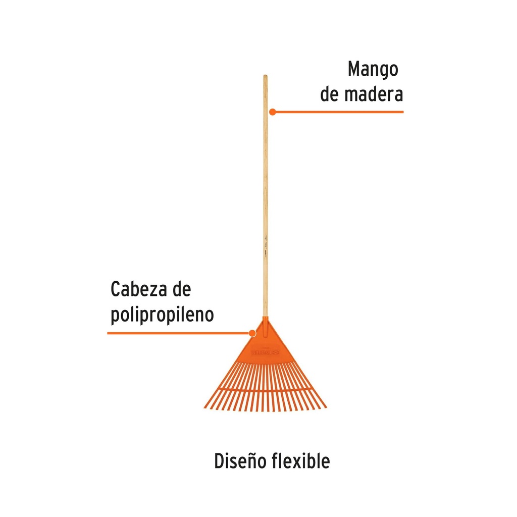 Escoba plástica para jardín, flexible, 22 dientes, mango 48'