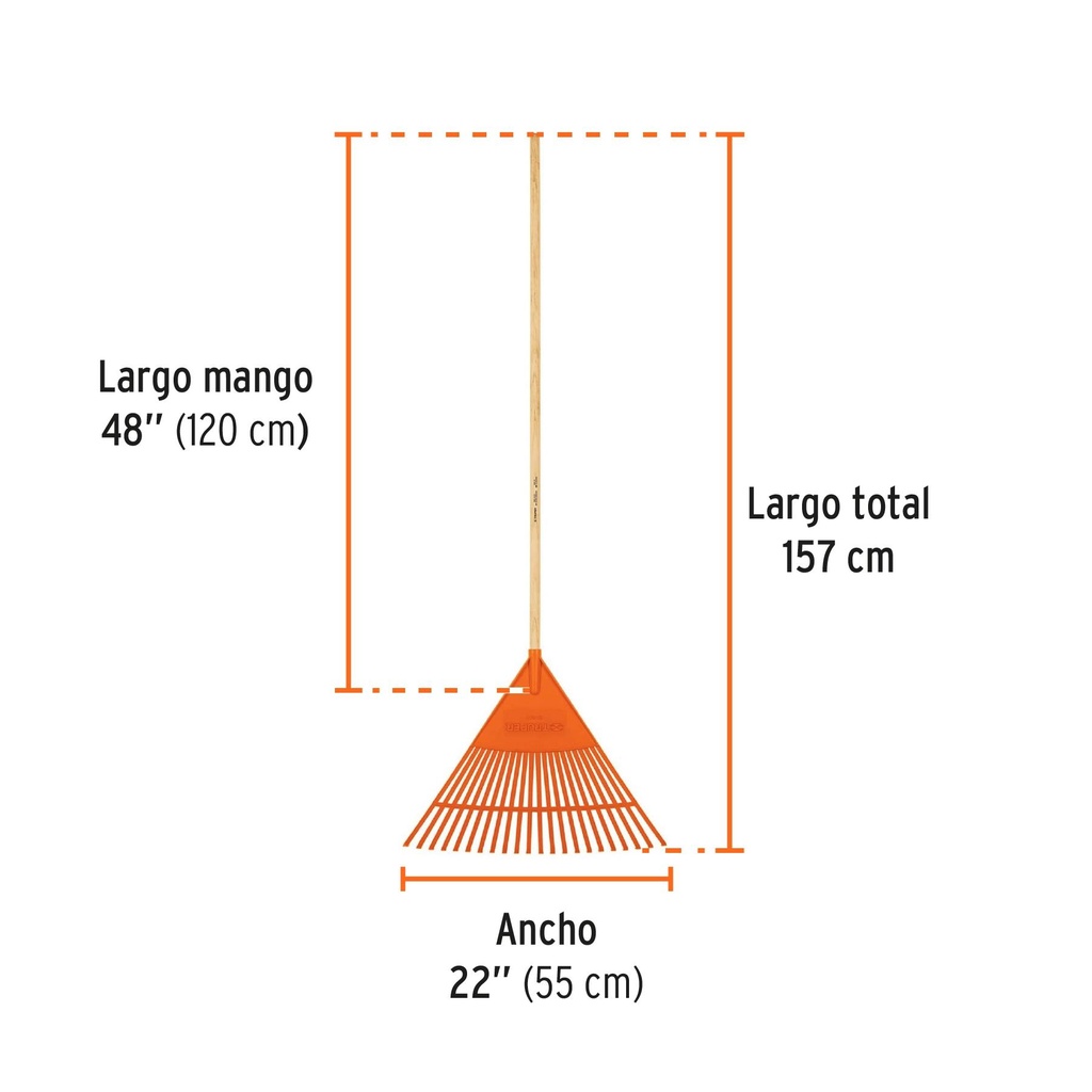 Escoba plástica para jardín, flexible, 22 dientes, mango 48'