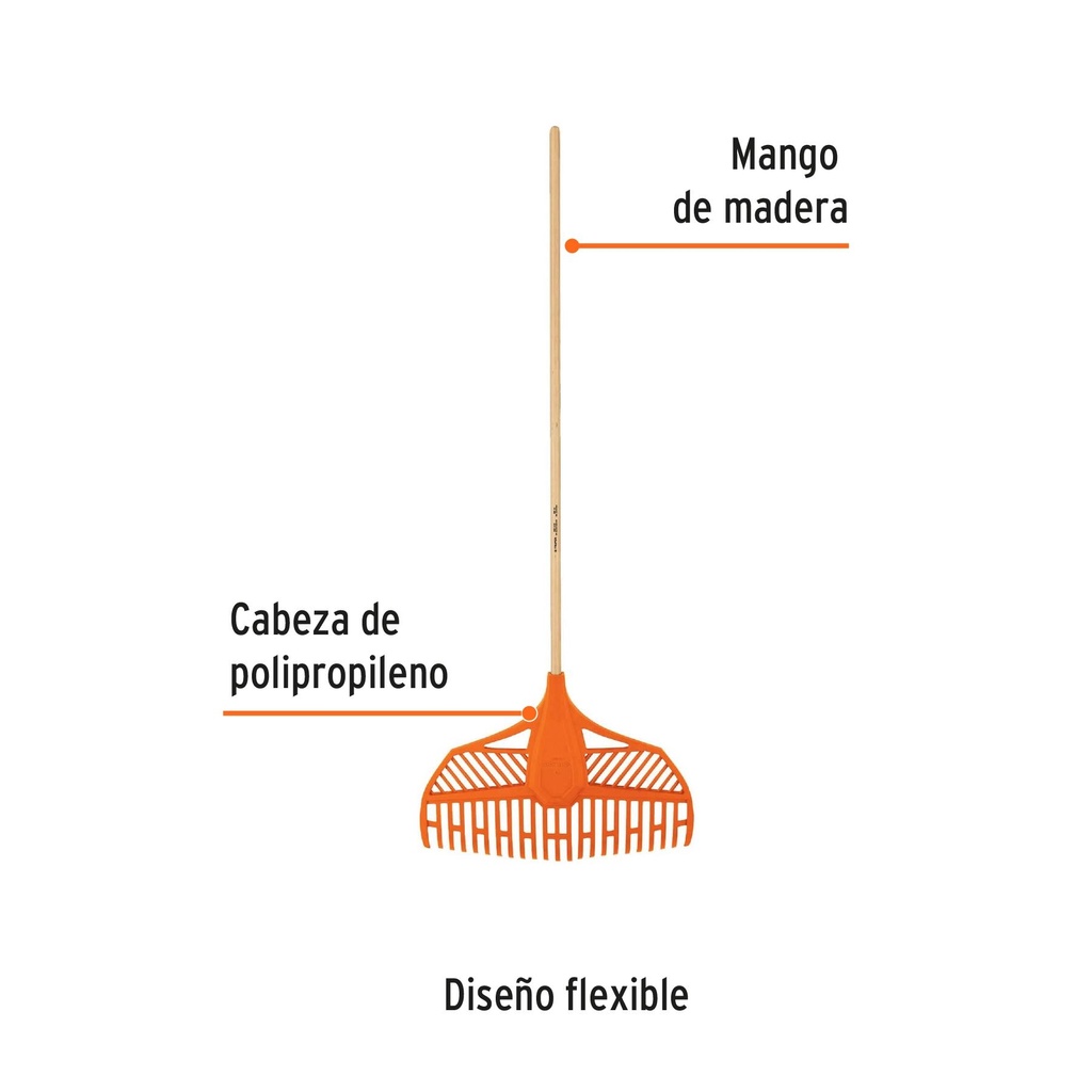 Escoba plástica para jardín, flexible, 23 dientes, mango 48'