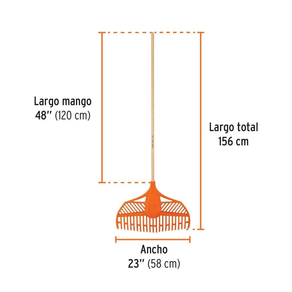 Escoba plástica para jardín, flexible, 23 dientes, mango 48'