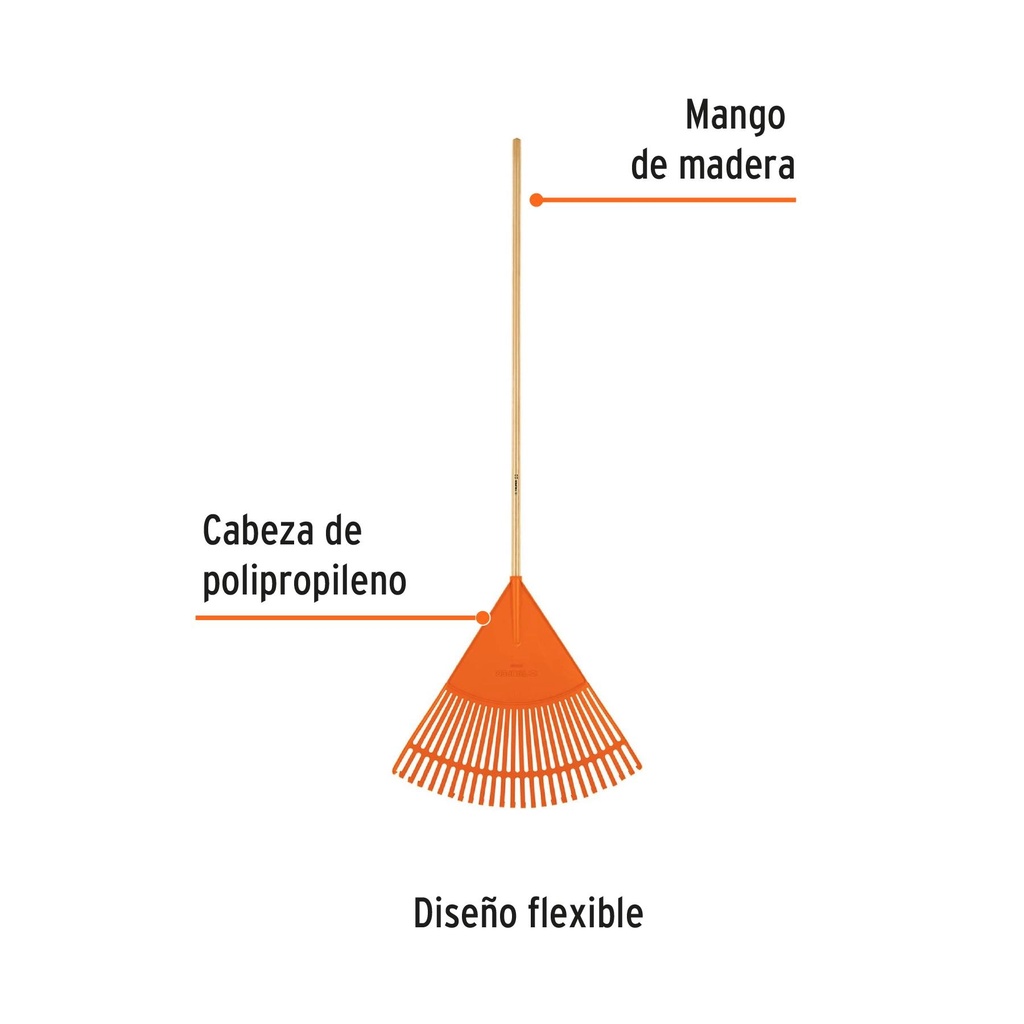 Escoba plástica para jardín, flexible, 26 dientes, mango 48'